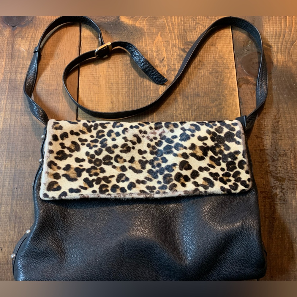 Leopard Print Black Leather Shoulder Bag